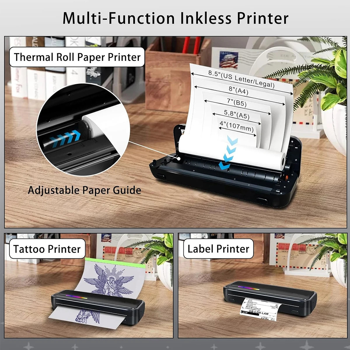 Portable A4 printer, wireless thermal printer for printing documents and pictures on A4 thermal paper, ink-free operation with l